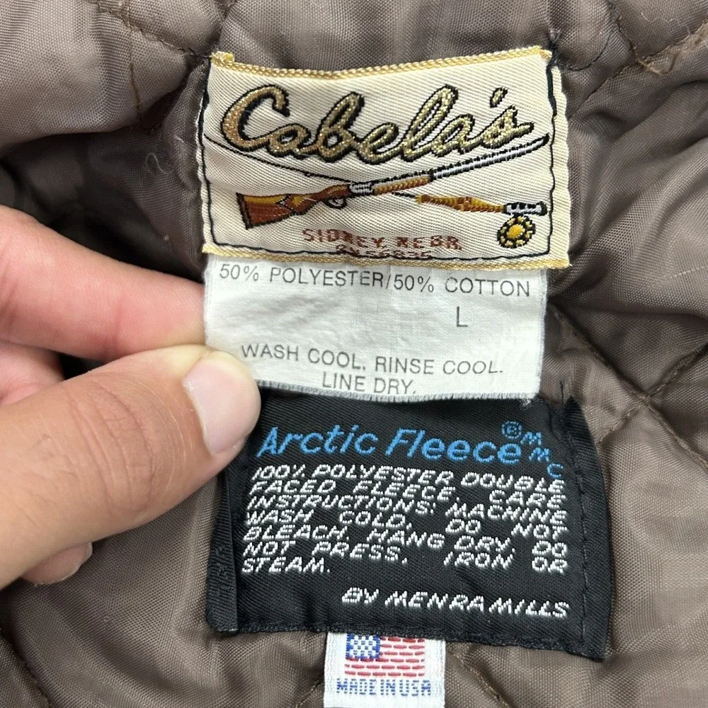 Cabela's Hooded Bomber Jacket Mens L Brown Camo Tree Bark Arctic Fleece USA Made